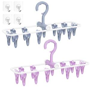 lot 14359 image: Clothes Drying Hanger with 12 Clips, 2 Pack Folding Portable Hanging Drying Rack,Drip Foldable Hanging Rack, 360° Rotatable Hook for Drying Towels Bras Baby Clothes Gloves Plastic(Blue&Purple)