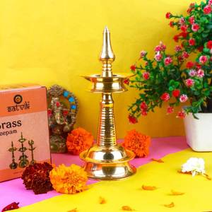 lot 14381 image: SATVIK 8.5 Inch 1 Step Standing Brass Metal Kerala Samai Diwali Deepak for Puja Traditional Panchmahal Pooja Deepam Diya Oil Lamp Kutthu Vilakku Dia Deepawali Indian Housewarming Return Gift Items