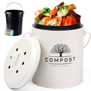 lot 15026 image: Perfnique Kitchen Compost Bin, 1.3 Gallon Countertop Compost Bin with Lid, Indoor Compost Bucket Includes Inner Bucket Liner and Carbon Filter, Small Compost Bin with Trash Bags (with Bags, Cream)