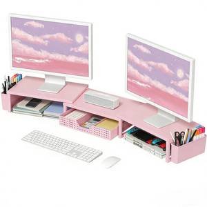 lot 15034 image: OPNICE Desk Organizers and Accessories, Dual Monitor Stand Riser with Drawer and 2 Pen Holders, Desk Shelf Wood Computer Racks for Office Workspace Organizers, Desktop Organization (Pink Wood)