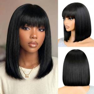 lot 16183 image: Xinjiju Black Bob Wigs Human Hair Short Wig with Bangs Straight Wigs Human Hair Glueless Wear and Go 150percent Density Wigs for Women Daily Use 14 Inch