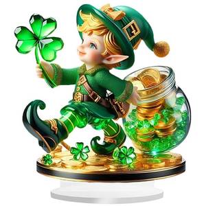 lot 16193 image: St Patricks Day Leprechaun Figurines Decorations Irish Shamrock St. Patricks Leprechaun Statue Clover Acrylic Resin Figurine Gifts for Spring Home Indoor Table Desk Shelf Holiday Decor 7.51x7.87in