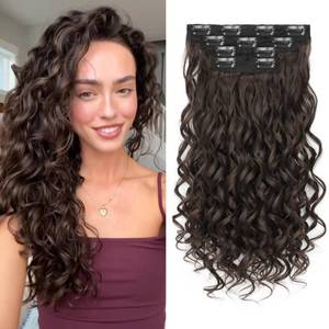 lot 16211 image: Flvaco Curly Clip In Hair Extensions, 4PCS 16 Inch Chocolate Brown Extensions Clip Ins, Lace Weft Short Curly Invisible Natural Hairpieces for Women