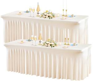 lot 16226 image: Wish Care 2 Pack Ivory Spandex Table Clothes for 4 Foot Rectangle Tables, 4FT Wrinkle Free Fitted Tablecloths Ruffles Design Table Cover for Party, Banquet, Wedding and Events