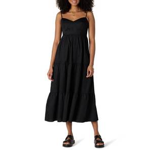 lot 16236 image: Amazon Essentials Womens Regular-Fit Cotton Sateen Thin Strap Tiered Maxi Dress, Black, XX-Small