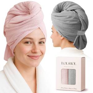 lot 18126 image: ROLSHOL 2 Pack Microfiber Hair Towel Wrap for Women, 32in. x 11in. Waffle Weave Hair Plopping Towel for Curly, Long & Thick Hair, Anti-Frizz Hair Turbans for Wet Hair (Pink, Grey)