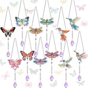 lot 18137 image: Seenelling 24 Pcs Diamond Painting Suncatcher Bulk Wind Chime Diamond Art Kits DIY Crafts with Crystal Pendant for Summer Spring Adult Window Garden Home Party Gift(Butterfly Dragonfly Bird)