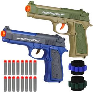 lot 20498 image: 2 Pack Blaster Toy Guns for Boys Fit for Nerf Guns Darts, Small Toys Pistol for Boys Birthday Gifts, for Kids Toddlers Age 6-8 8-12 Year Olds - 16 Refill Foam Darts 2 Wristbands (Blue Green)