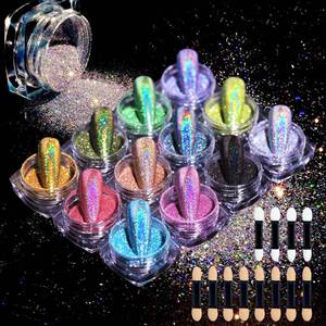 lot 18169 image: MKNZOME 12 Jars Holographic Nail Powder, Chrome Nail Powder Kit Black Blue Ultra Fine Glitter Powder Set, Rainbow Neon Pigment Manicure Glitter Dust with 12 Pcs Dual Sides Sponge Applicators