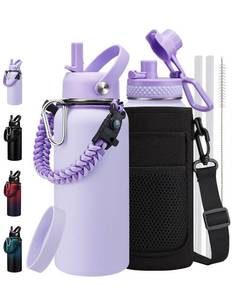 lot 18175 image: 32 oz Insulated Water Bottle with Straw & Auto Spout Lid, Bottle Sleeve with Strap, Paracord Handle, 32oz Flask Purple Metal Water Canteen, Stainless Steel Water Jug for Sports Gym Woman Girls