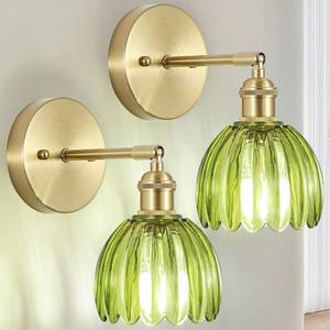 lot 19258 image: Hardwired Wall Sconces Set of Two, Vintage Wall Lights with Green Tulip Glass Lampshade, Gold Wall Lamps for Bedroom Bedside Stairway Bathroom Living Room (Bulbs Not Included, Not Battery Powered)