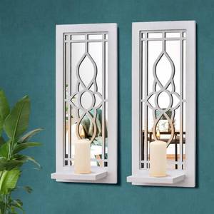 lot 19265 image: Pibeyer Rustic Wall Candle Holder Set of 2, Wooden Mirrored Candle Sconces, Farmhouse Home Wall Decor for Living Room, Dining Room, Wall Art