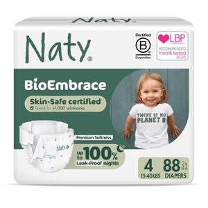 lot 19271 image: Naty BioEmbrace Baby Diapers  Sensitive Skin Safe Certified  Leak Protection up to 100percent  Plant-Based Softness, Premium Comfort  Chlorine-Free  Size 4 (15��40 lbs), 88 Count