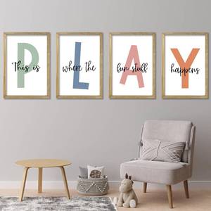lot 19272 image: This Is Where The Fun Stuff Happens Kids Playroom Wall Art Decor 16x11 Inch Set Of 4 Rustic Kids Wood Framed Sign Toddler Modren Nursery Interesting Lets Play Prints Wall Hanging (Wood)