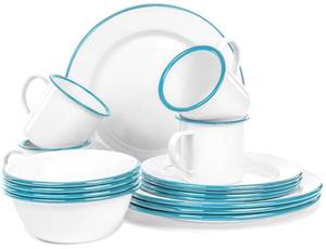 lot 19287 image: Red Co. 16-Piece Enamelware Metal Dinnerware Set for 4, Solid WhiteTeal Rim