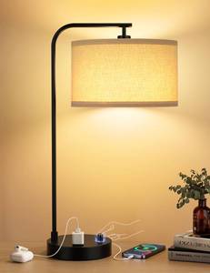 lot 19306 image: Innqoo Tall Table Lamp with USB Port and Outlet, Dimmable Nightstand Bedside Lamps with Linen Lampshade, Desk Lamp for Bedroom, Living Room, Guest Room, Home Office, LED Bulb Included