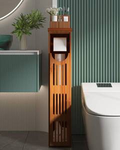 lot 19307 image: AmazerBath Bamboo Toilet Paper Holder with Storage, Bathroom Toilet Paper Storage Cabinet, Small Bathroom Storage Cabinet for Small Spaces, Slim Bathroom Storage Cabinet, 33x7.3x6.5 Inches, Brown