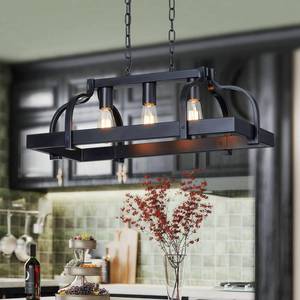 lot 19317 image: WUZUPS 3-Light Metal Pot Hanging Rack Chandelier Linear Pendant Ceiling Lighting Rustic Farmhouse Fixture Kitchen Island Dining Room, H 9.8in. L 24.8in. W11.8, E26 Base, Black