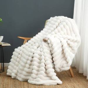 lot 19320 image: Cozy Bliss Faux Fur Throw Blanket for Couch, Cozy Warm Plush Striped Blanket for Sofa Bedroom Living Room, 50  60 Inches Cream White