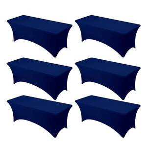 lot 19336 image: Dailyset 6-Pack Premium Navy Blue Spandex Tablecloths for 8ft Rectangle Tables, Stain & Wrinkle-Resistant, Washable Stretch Polyester Fitted Table Cover for Weddings, Banquets, Trade Shows Events