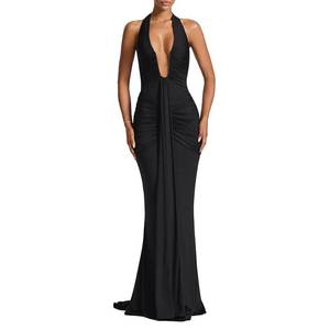 lot 20001 image: ABYOVRT Women Deep V Neck Ruched Maxi Dress Sleeveless Halter Gown Cocktail Evening Formal Dresses (Black,S)