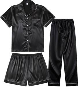 lot 20346 image: TinyChoice 3 Piece Silk Satin Pajama Set for Women, Short Sleeve Top with Shorts & Pants - Plus Size Soft Sleepwear,Black,L
