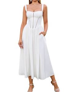lot 20353 image: KUTUMAI Floral Corset Midi Dress Flowy Slit Summer Spring Wedding Guest Dresses for Women Sundress with Pockets White XS (USED)