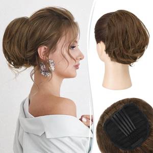 lot 20378 image: RUWISS Real Human Hair Bun Short Drawstring Ponytail Hair Pieces for Women, Natural Straight Updo Bun Comb Clip in Ponytail Extension for Women, Medium Brown