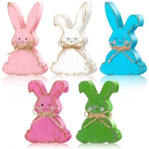 lot 20447 image: Lineshading 5 Pcs Easter Bunny Centerpieces Wood Easter Table Sign Farmhouse Rustic Bunny Tabletop Decor Freestanding Rabbit Tiered Tray Decor with Jute Rope for Spring Home Office Desk Shelf Mantel