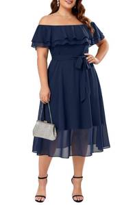lot 20473 image: Plus Size Dresses Wedding Guest Navy Blue Formal Ruffle Off the Shoulder Cocktail Chiffon Midi Semi Formal Dress Women (18W)