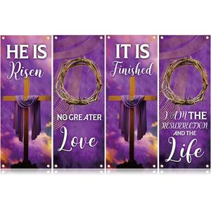 lot 20492 image: FuWeave 4 Pcs Easter Church Banners with Scripture, Easter Purple Crown of Thorns Religious Banner for Sanctuary Wall Christian Praise Worship Bible Signs for Church Event Decor