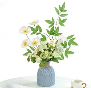 lot 1199 image: Hupiosy Artificial Flowers with Vase Flower Bouquet Modern Farmhouse Silk Faux Floral Flowers & Plants Arrangements for Home Decor Indoor Dining Room Coffee Table Desk Flora Centerpiece (Green)
