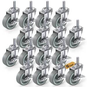 lot 1200 image: HOLKIE Caster Wheels 3 inch Locking Casters Set of 16, Threaded Stem 38 -16 x 1-12 (Diameter 38, Length 1-12) Swivel Heavy Duty Castors Gray