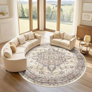 lot 1211 image: Round Rug Living Room Rugs 8Ft Washable Boho Neutral Large Circle Soft Indoor Floral Stain Resistant Floor Farmhouse Carpet for Bedroom Nursery Kids Playroom Office Dining Room Dorm Home- Beige Brown