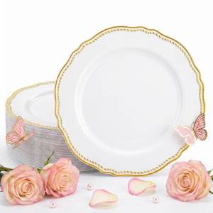 lot 1213 image: Hioasis 60pcs Gold Plastic Plates - White and Gold Disposable Dinnerware with Gold Rim, Heavy-duty, 10 inch, Dinner Plates for Party & Wedding