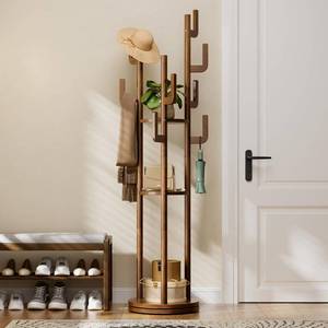 lot 1252 image: Yoobure Rotary Coat Rack Freestanding - Solid Wood Coat Tree with 9 hooks & 3 Storage Shelves for Purse, Bag, Jacket, Hat, Corner Hanger Stand Racks for Hall, Entryway, Office, Modern Clothes Holder