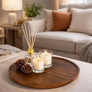 lot 1260 image: Round Acacia Wood Tray, Non-Slip Wooden Candle Tray for Coffee Table, Bathroom Vanity & Countertop, Decorative Wooden Tray for Home D�cor Organizer- 11.8 Inch Diameter