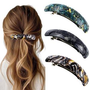 lot 2032 image: 3Pcs Acetate French Barrettes for Women Large Wide Curved Dark Black Green Gold Hair Clips for Thick Fine Hair Ponytail Automatic Clasp Hairgrips Stylish Daily Hair Accessories (Dark)
