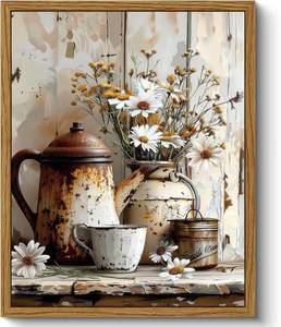 lot 2474 image: Qenundme Framed Rustic Farmhouse Floral Canvas Wall Art Florals in Rusty Cans Print Posters Vintage Country Flower Still Life Pictures Paintings Prints for Bathroom Bedroom Living room Decor 12X16in