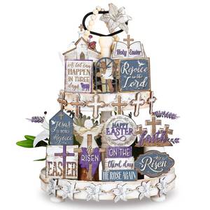 lot 2485 image: Amyhill 29 Pcs Religious Easter Tiered Tray Decor Christian Easter Decorations He is Risen Cross Lily Purple Wooden Signs Rustic Farmhouse Spring Table Decor for Home Kitchen Shelf