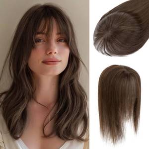 lot 2491 image: S-noilite Human Hair Topper with Bangs 360°3D Cover Toppers Hairpieces for Women Bangs Hair Clip Mocha Brown 12inch
