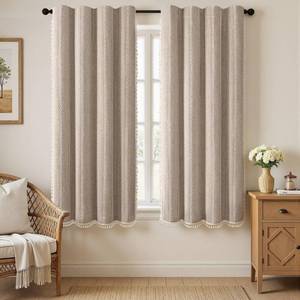 lot 3721 image: XOGUIBO Brown Boho Blackout Curtains 2 Panels 63 Inch for Living Room Bedroom, Warm Taupe Linen Texture Farmhouse Curtains with Tassels and White Cotton Embroidery Vintage Rustic Country Western