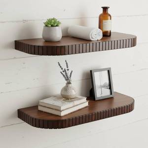 lot 3726 image: 2 Pack Floating Shelves for Wall Rustic Farmhouse 17 Inch Floating Shelf Bathroom Wooden Shelves for Wall Mounted Live Fluted Edge Pine Shelves with Natural Grain for Living Room Bedroom Kitchen