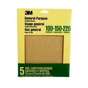 lot 4491 image: 3M Aluminum Oxide Sandpaper, 5 Sheets, Assorted Grit 100-150-220, 9-in x 11-in, Multi-Purpose Abrasive Sanding Paper, For General Purpose Sanding On Paint, Wood and Metal (9005NA)