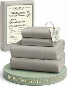 lot 5660 image: LANE LINEN 100% Organic Cotton Mercerized Queen Sheets, Soft & Comfy Naturally Cooling Cotton Sheets Queen Size Set, Classic Percale Weave Low Pill Fade Resistant Queen Bed Sheets- Silver