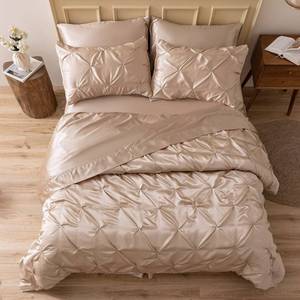 lot 5664 image: MR&HM Satin Comforter Queen 7 Pieces - Luxurious Pinch Pleat Bedding Set with Comforter, Flat Sheet, Fitted Sheet, Pillowcases & Shams, Super Silky Soft Bed Set for All Season (Queen, Champagne)