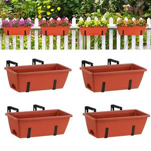 lot 5668 image: Window Boxes Planters 17���� Railing Planter Box with Adjustable Brackets, 4 Pack Hanging Deck Railing Planters Rectangular Flower Pots for Outdoor Patio Balcony Fence