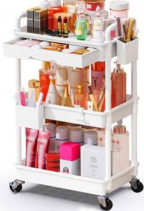 lot 5683 image: SUNALLY Makeup Cart Organizer with Drawers, Floor Skincare Organizers Vanity Storage Organizer, Rolling Makeup Bathroom Storage Cart Cosmetics Display Cases for Skin Care Perfume Nail Polish, White