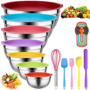 lot 5700 image: Leidawn Mixing Bowls with Lids for Kitchen - 25 PCS Stainless Steel Nesting Colorful Mixing Bowls Set for Baking,Mixing,Serving & Prepping,Size 5, 3.7, 2.8, 2.3, 1.7, 1.1, 0.7QT,11 Cooking Utensils