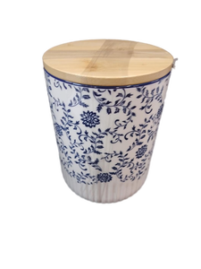 lot 5705 image: Blue and White Floral Pattern Ceramic Cookie Jar with Wooden Lid